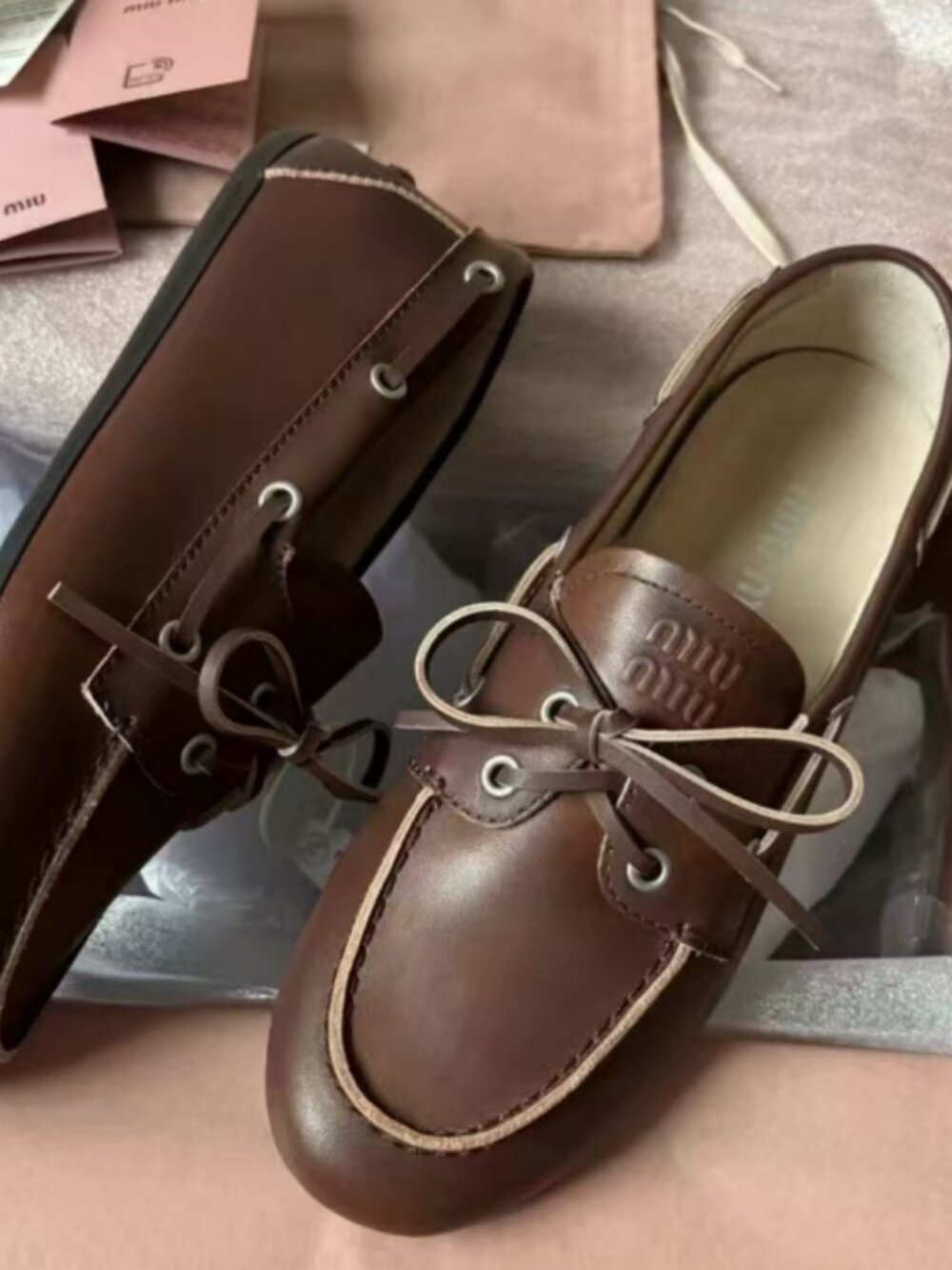 Miu Miu Brown Leather Classic Boat Shoes Loafers